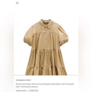 Zara Beige Tiered Puff-Sleeve Mini Dress